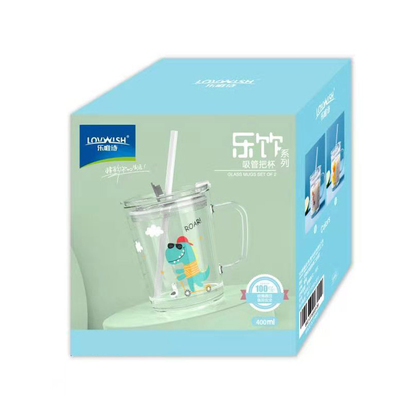 乐唯诗 NERVISHI 11*7.5*8.8cm 刻度两用吸管玻璃杯 恐龙图案 400ml 计价单位:个