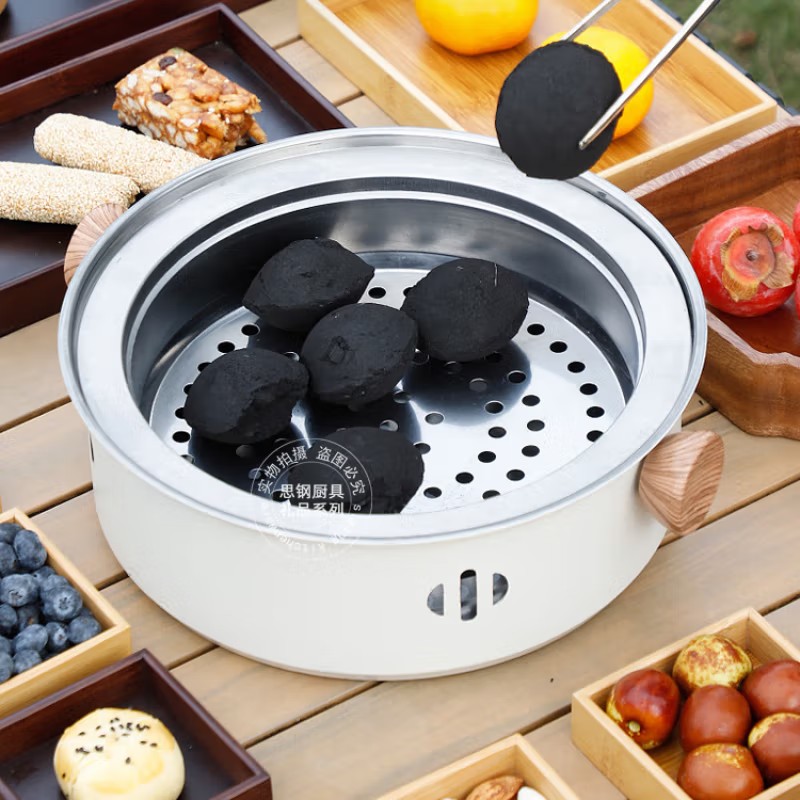 思钢 不锈钢烧烤炉户外庭院烤炉炭 围炉煮茶便携 28cm 米白色