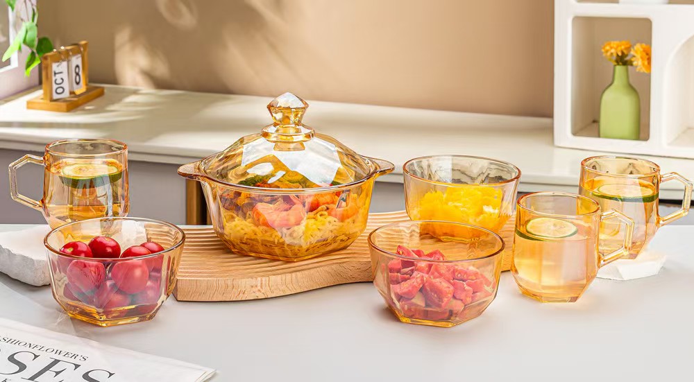 美尚源 六角煲七件套 家用透明玻璃煲 透明碗杯子组合