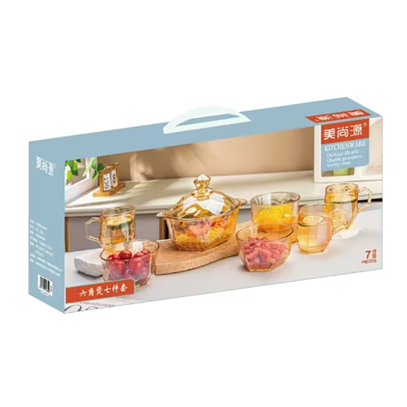 美尚源 六角煲七件套 家用透明玻璃煲 透明碗杯子组合
