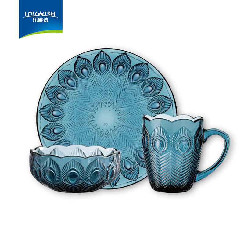 【太保形象品】乐唯诗 墨蓝孔雀碗盘杯玻璃餐具三件套