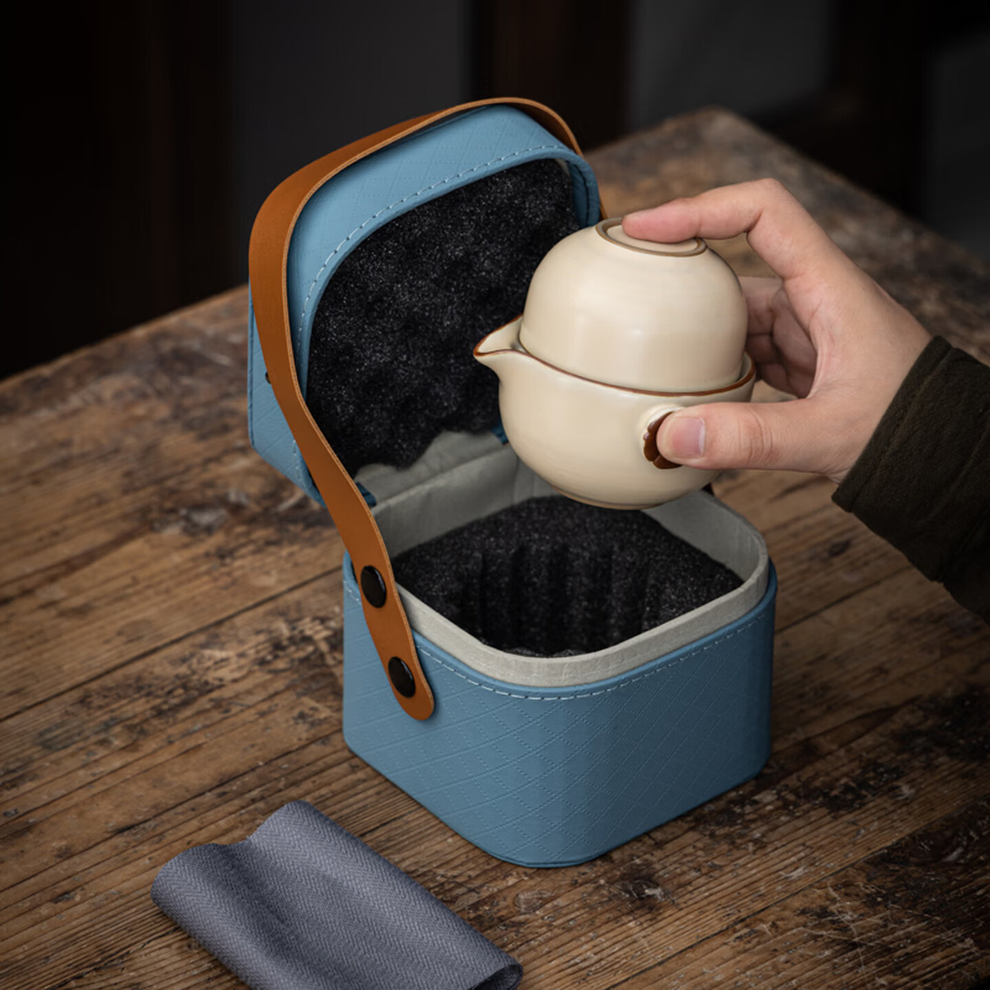 宏裕 A-665如意快客杯皮盒款 便携式旅行茶具套装户外露营随身泡茶杯